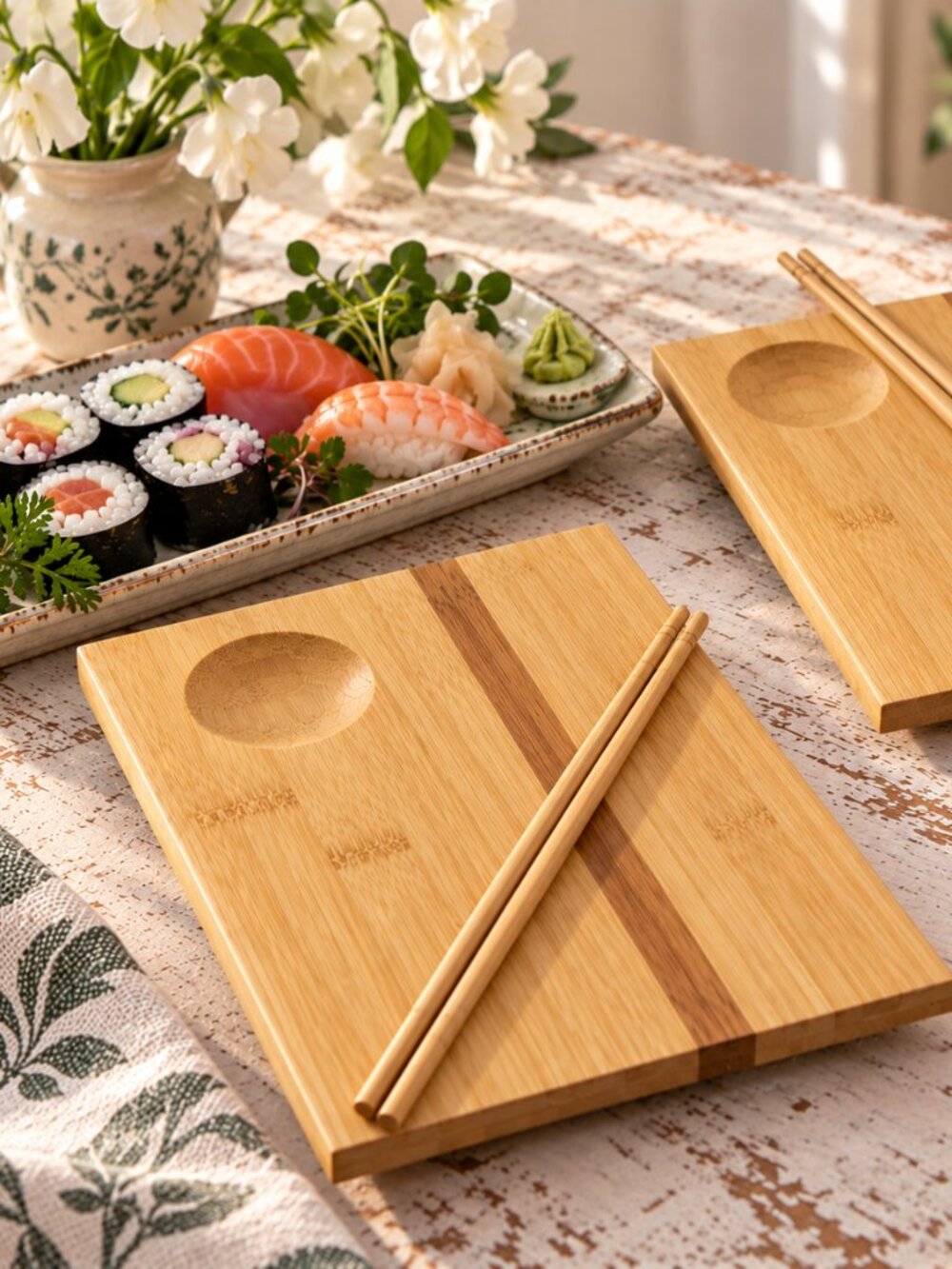 Bamboo Sushi Serving Plates w/ Chopsticks Set of 2 New Unused